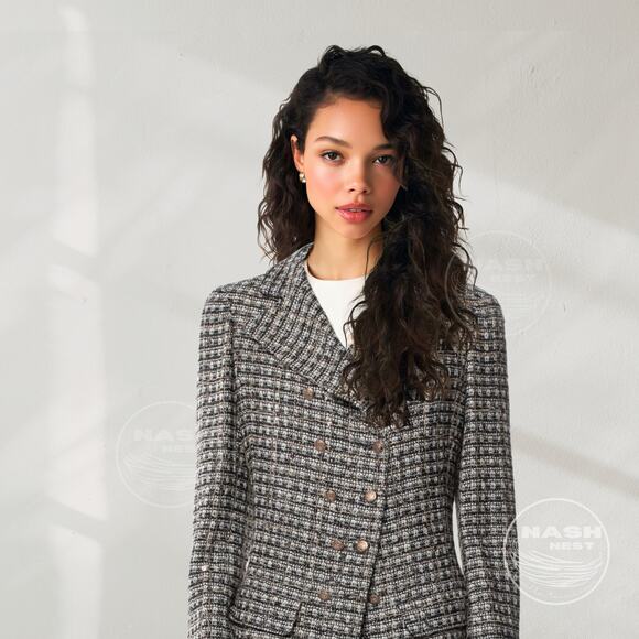 Chanel 05 Black White Plaid Tweed Sequin Jacket FR 40 | Gold Buttons Blazer Rare - Picture 3 of 16